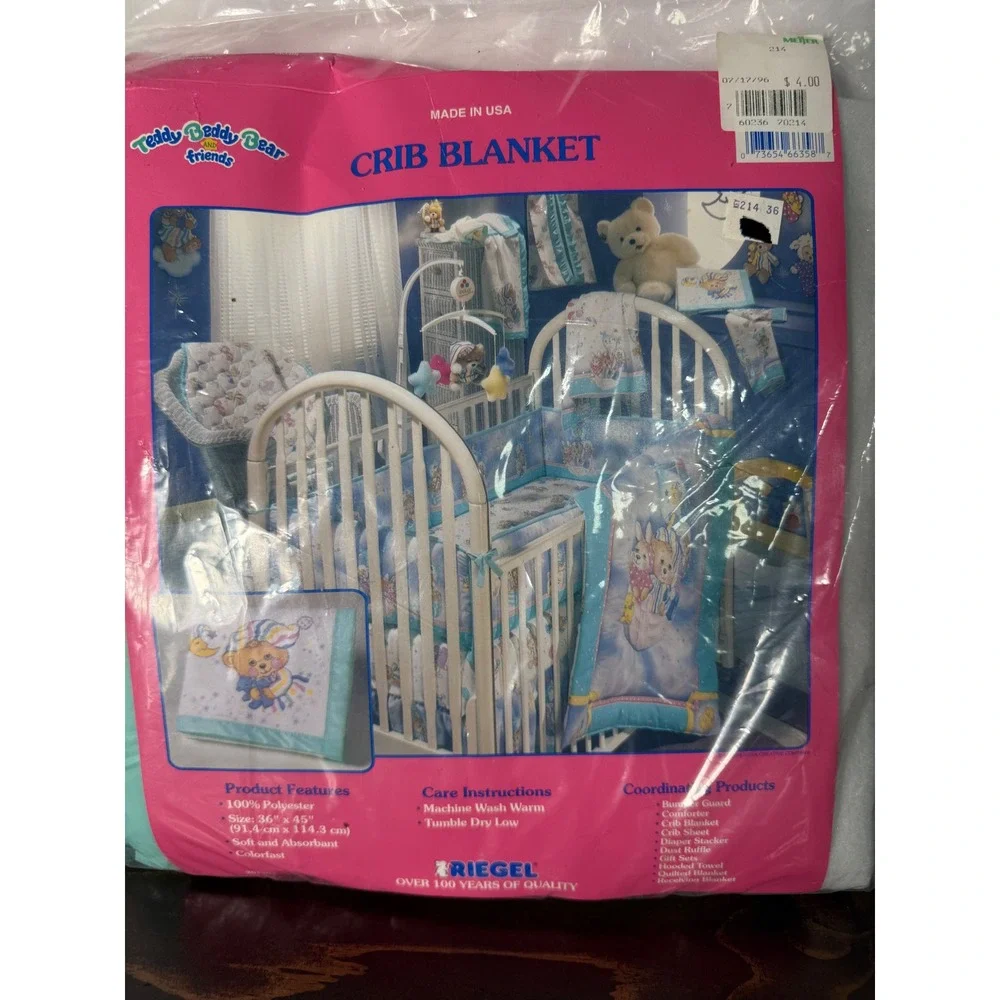 VTG Riegel Teddy Beddy Bear Friends Crib Blanket Satin / Nylon Trim‎ 36x45 NEW